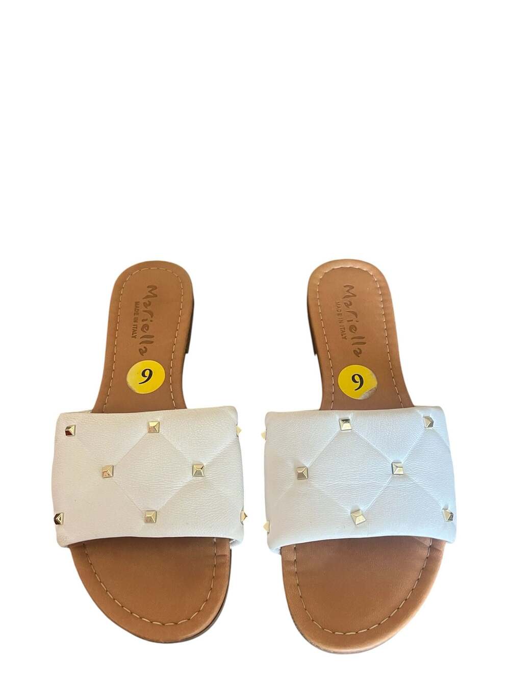 Mariella Made in Italy White Quilted Leather Gold Studded Slide Sandals Size: 9